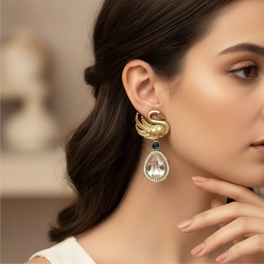 Gold Swan Motif Crystal Teardrop Earrings