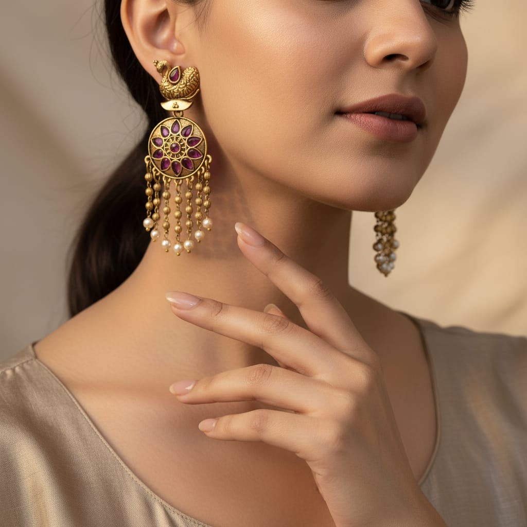 Antique Gold Swan Chandbali Earrings with Floral Disc