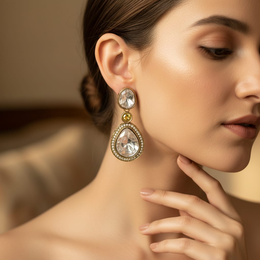 Antique Gold Polki Teardrop Drop Earrings