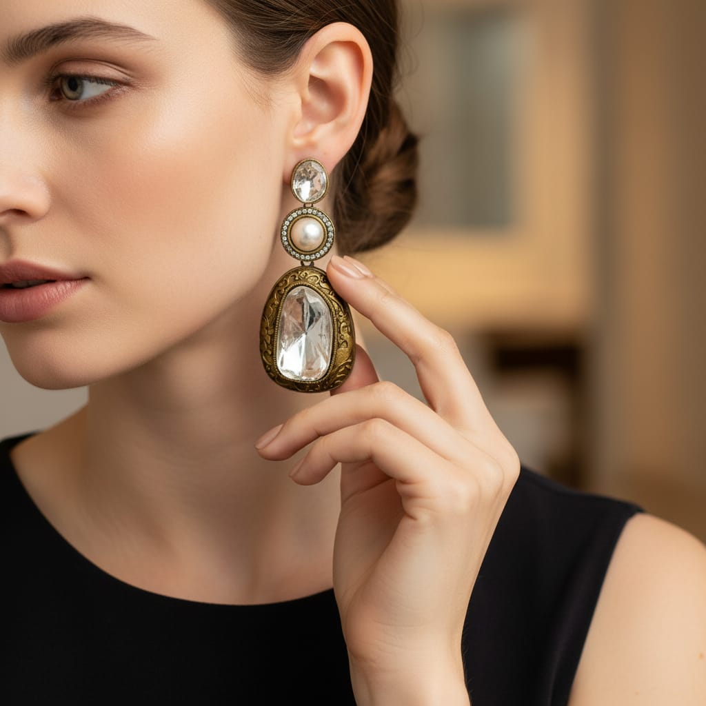 Polki Kundan Crystal Drop Earrings with Pearl & Gold Engraving