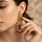Ruby Polki Chandbali Earrings | Antique Gold with Pearl & Ruby Drops