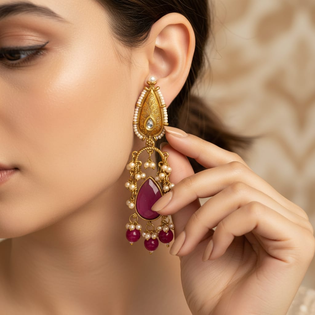 Ruby Polki Chandbali Earrings | Antique Gold with Pearl & Ruby Drops