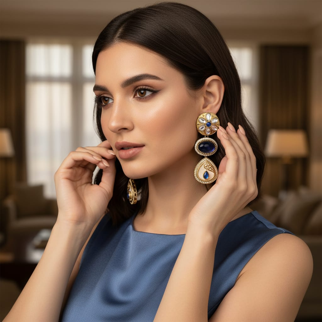 Kundan Polki Triple Drop Earrings with White Onyx