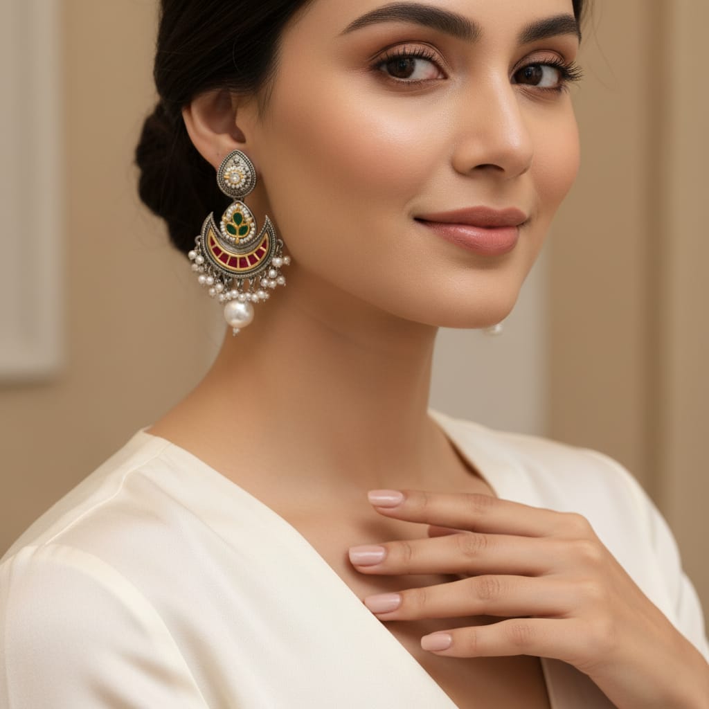 Meenakari Chandbali Earrings with Ruby Enamel-Pearl Drop