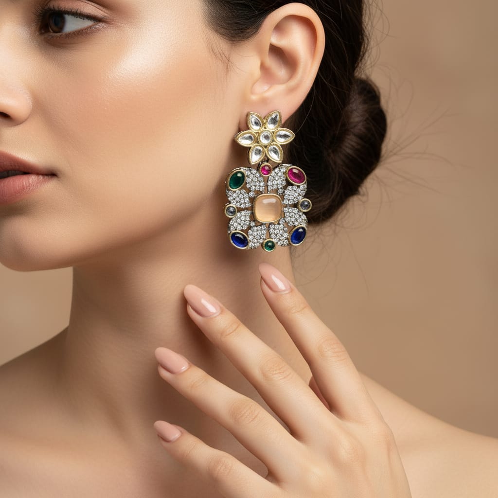 Kundan Navratna Square Drop Earrings