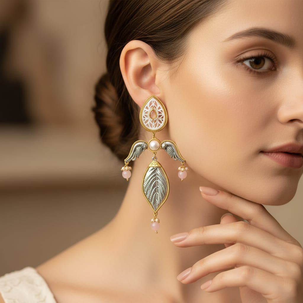 Dual Tone Leaf & Angel Wing Dangle Earrings