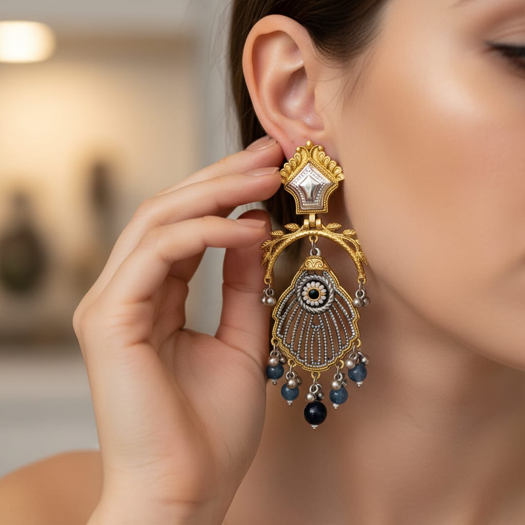 Rajwadi Dual Tone Chandbali Earrings with Mirror Kundan Top