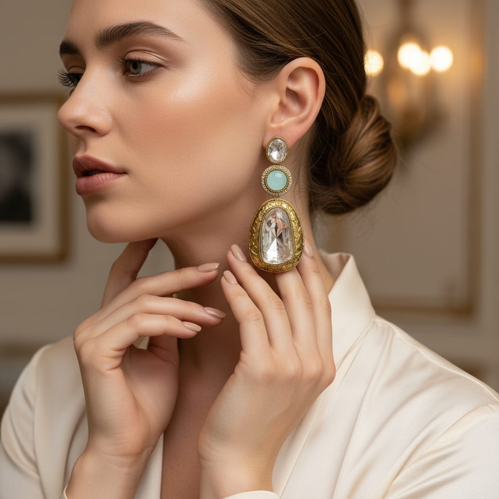 Polki Kundan Crystal Drop Earrings with Pearl & Gold Engraving
