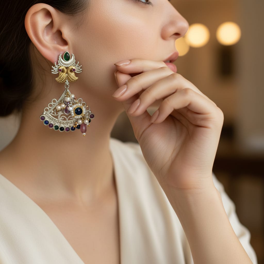 Dual Tone Peacock Chandbali Earrings