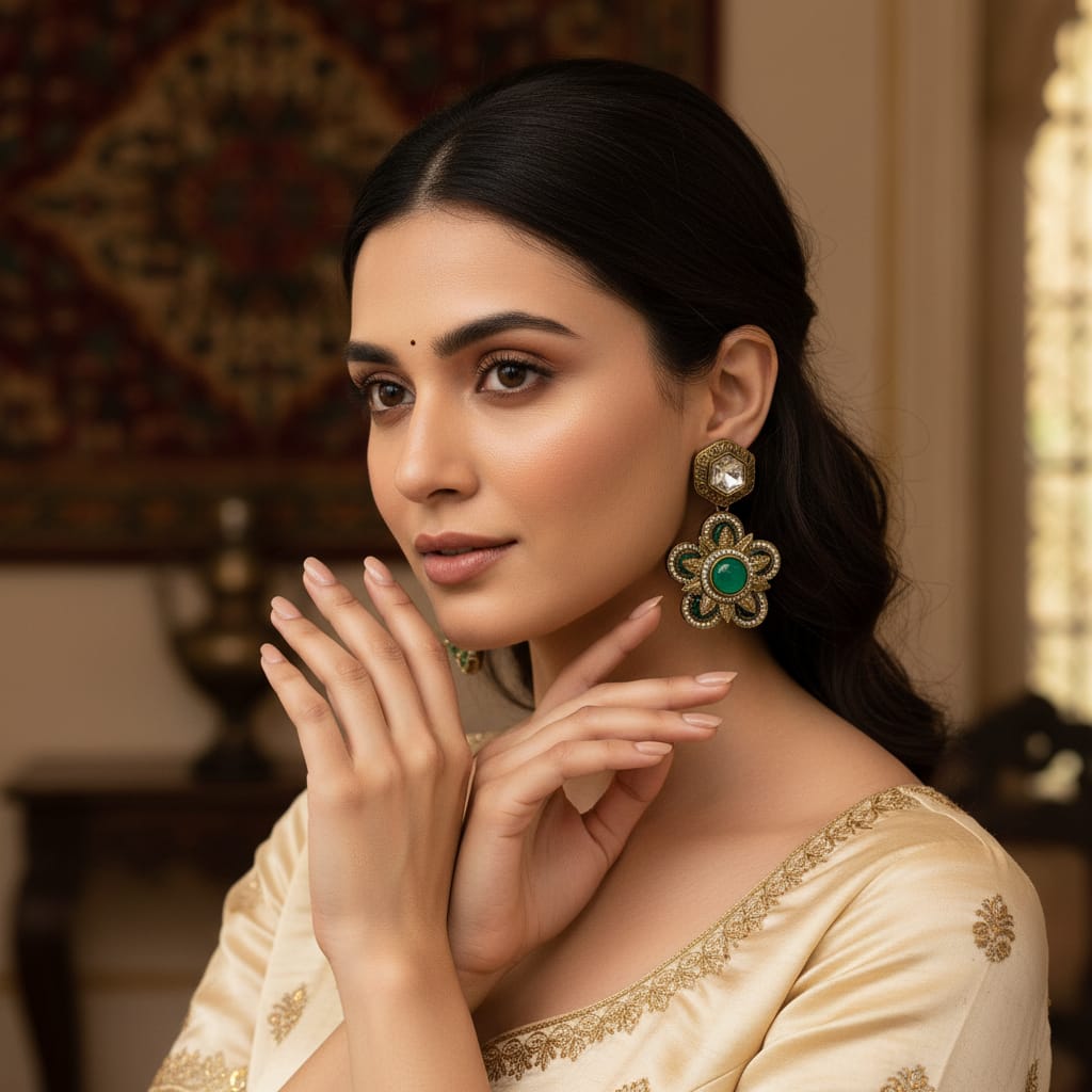 Antique Gold Polki & Floral Drop Earrings with CZ Starburs