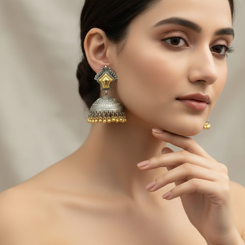 Dual Tone Oxidised Silver & Gold Jhumka Earrings
