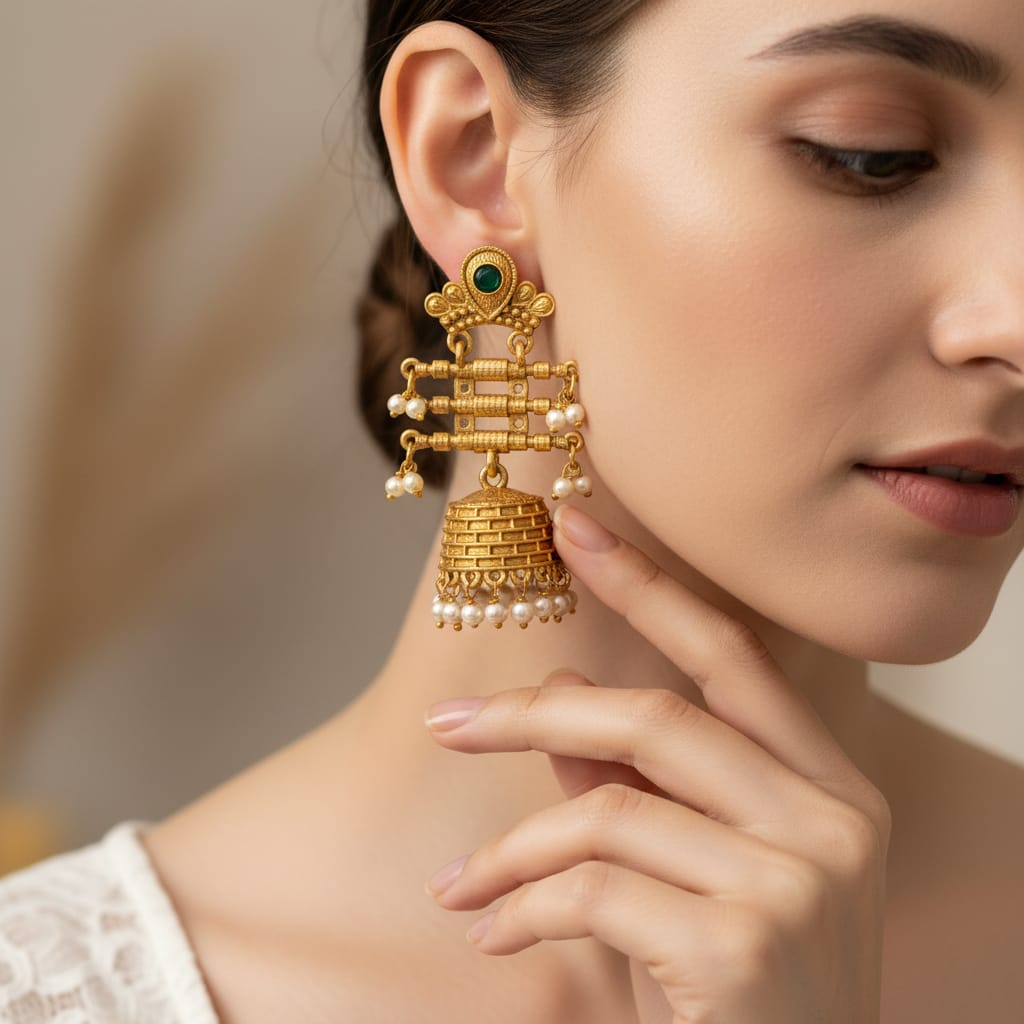 Antique Gold Jhumka Earrings with Pearl Drops & Green Stone