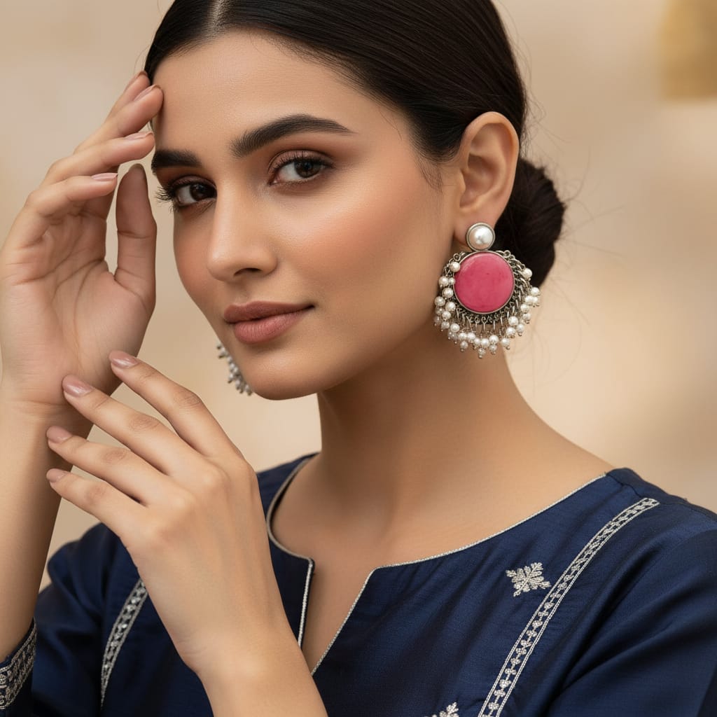 Pearl Stud Cabochon Chandbali Earrings with Seed Pearl Drops