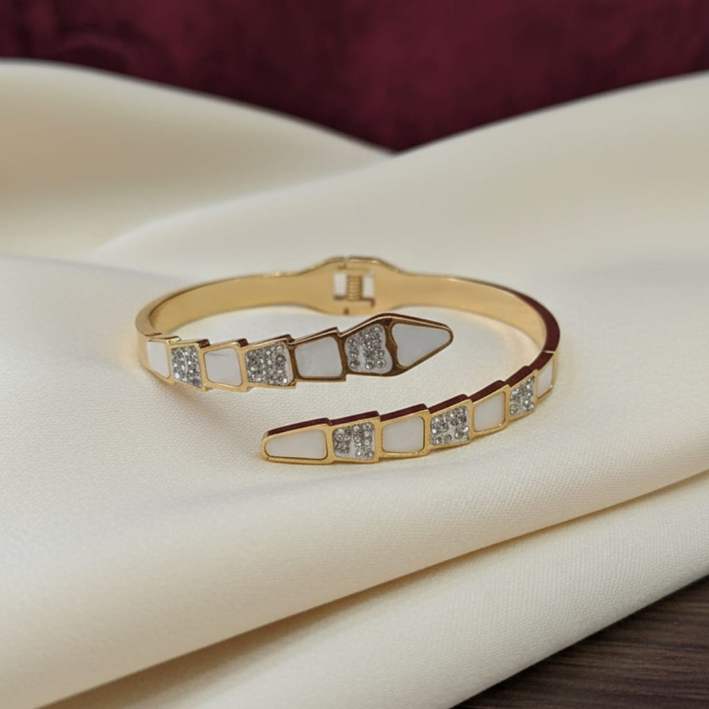 Gold Serpent Wrap White Enamel CZ Bangle