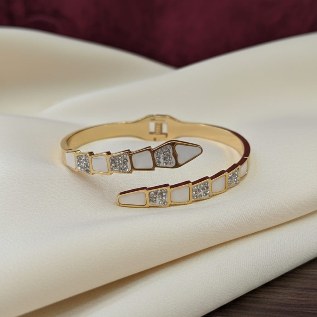 Gold Serpent Wrap White Enamel CZ Bangle