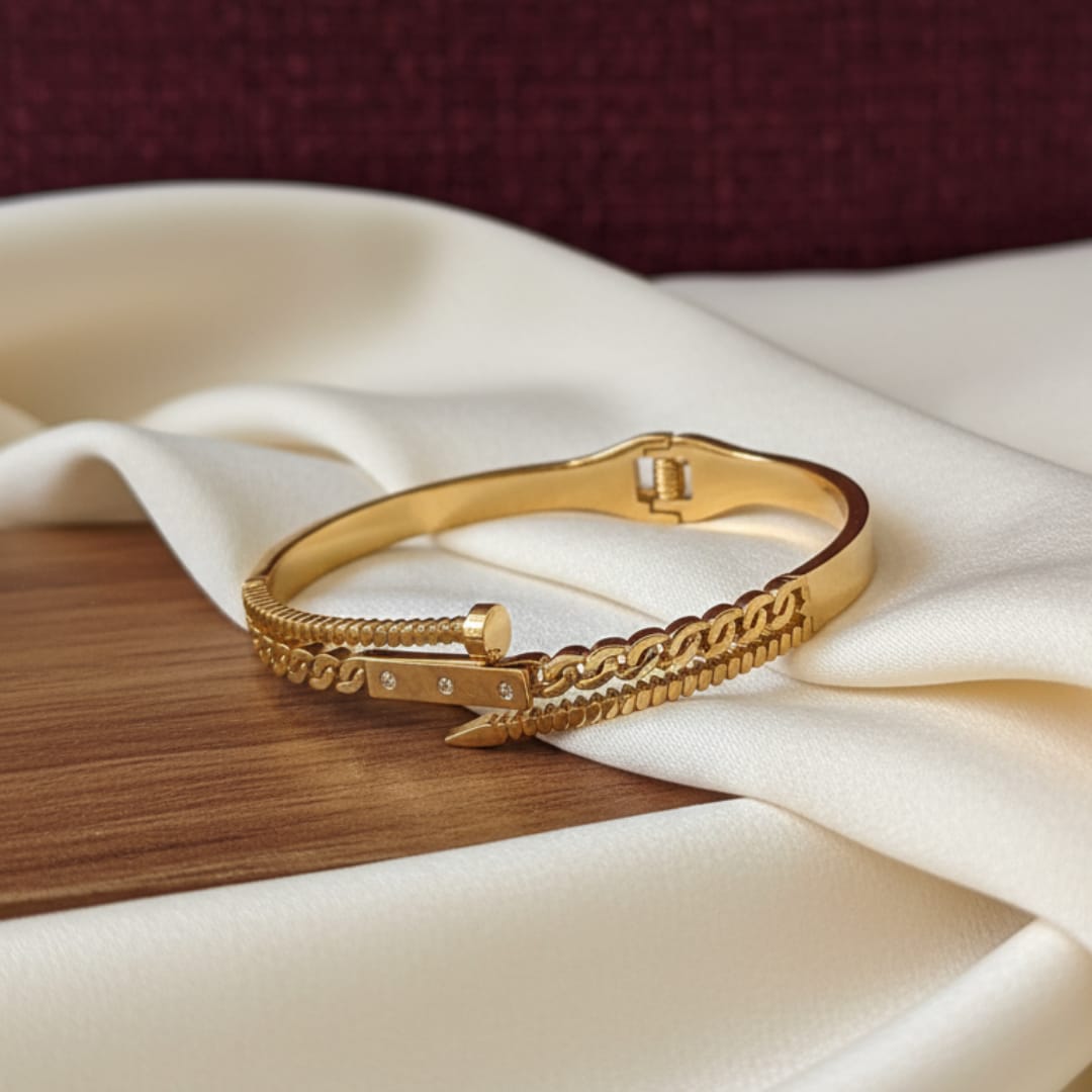 Gold Double Band Curb Chain CZ Bolt Bangle