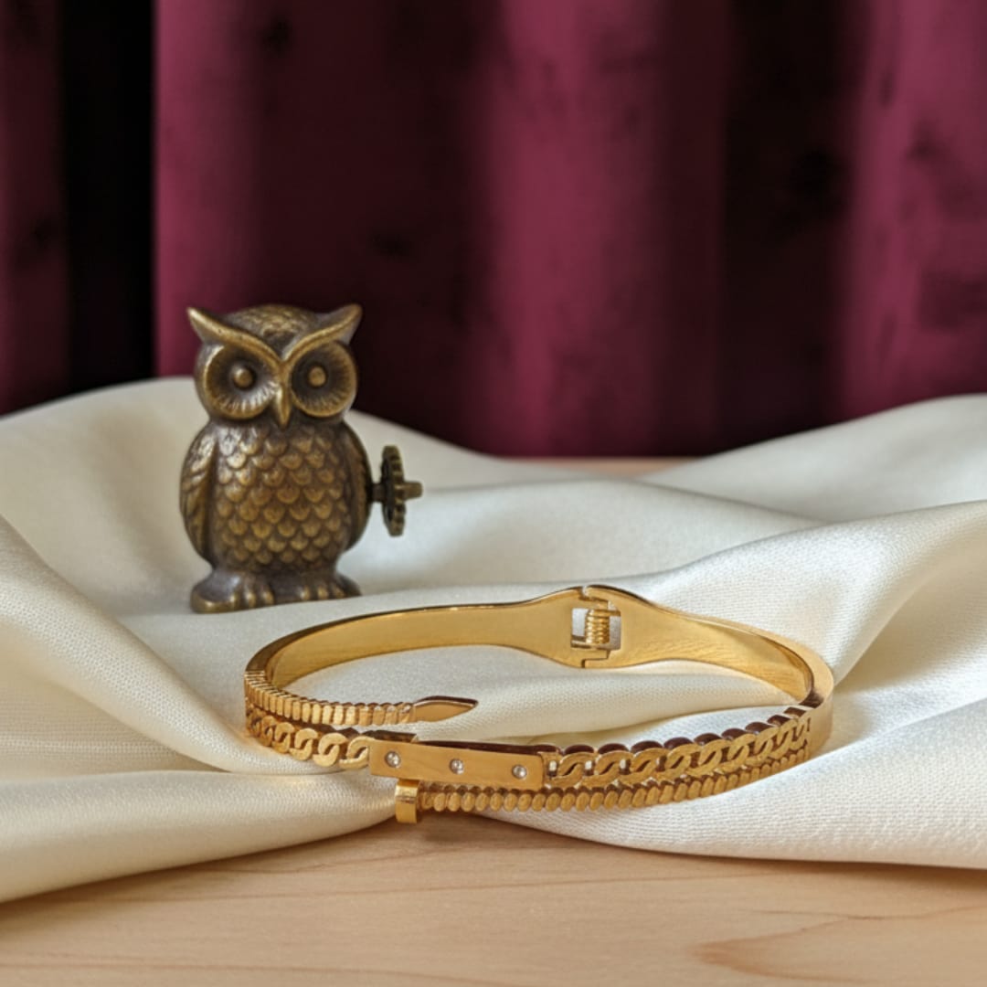 Gold Double Band Curb Chain CZ Bolt Bangle
