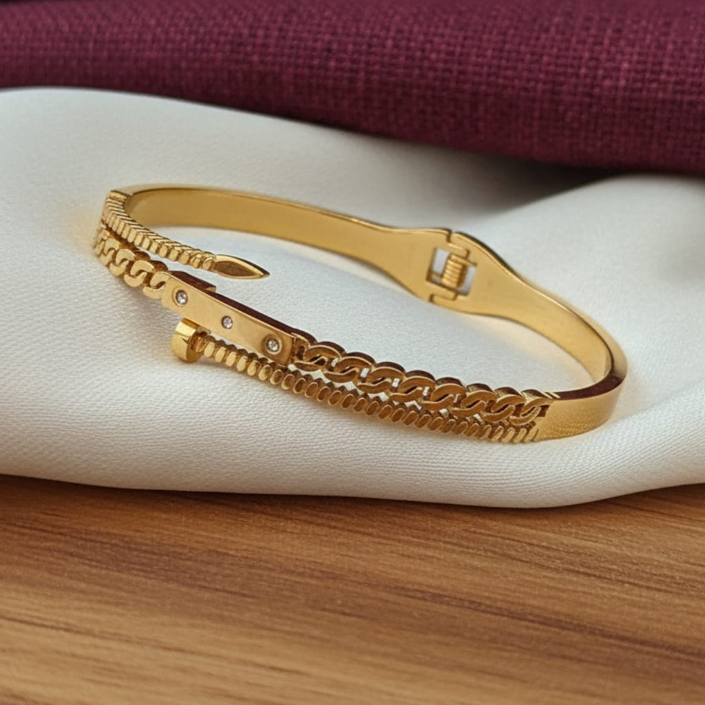 Gold Double Band Curb Chain CZ Bolt Bangle