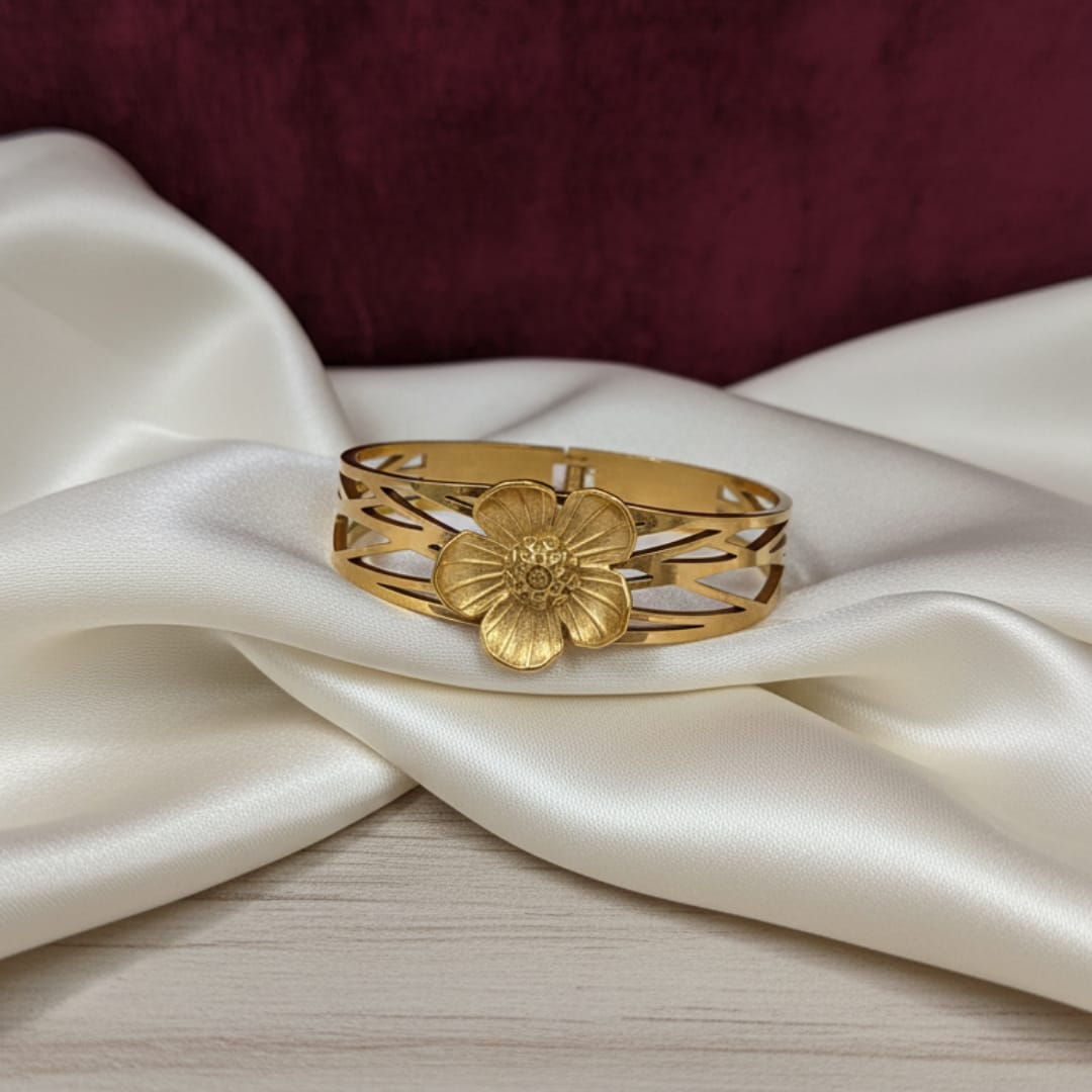 Gold Open Lattice Floral Cuff Bangle