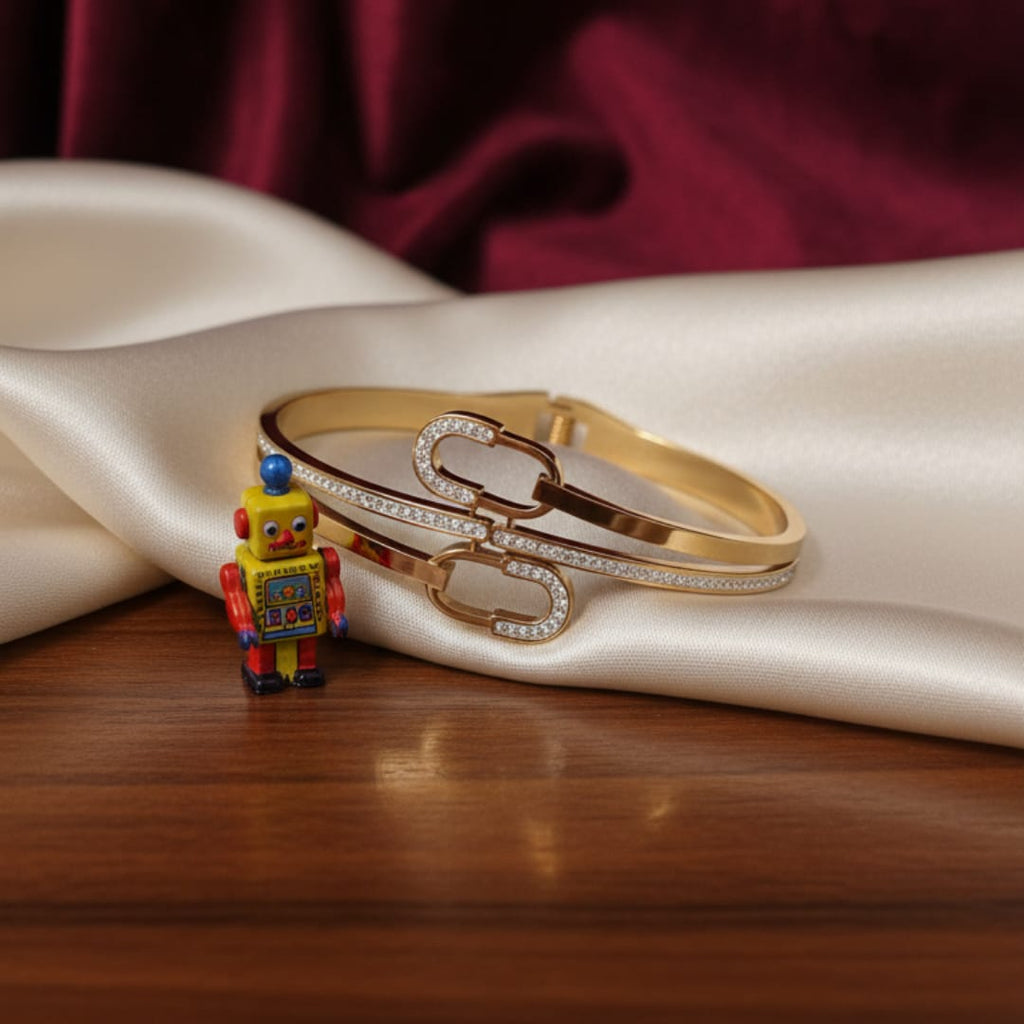 Gold Double Band Interlocking CZ Link Bangle