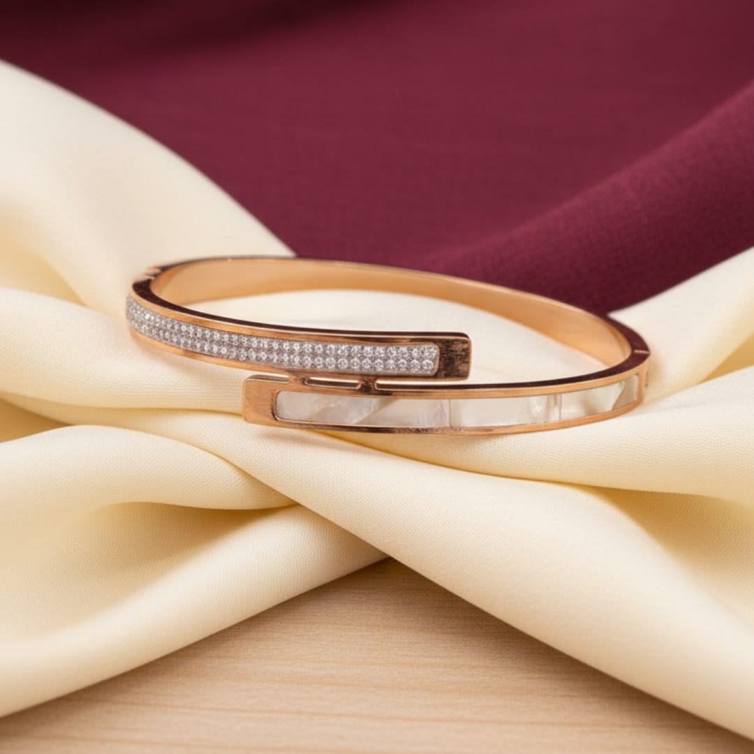 Rose Gold Mother of Pearl Double CZ Row Bangle