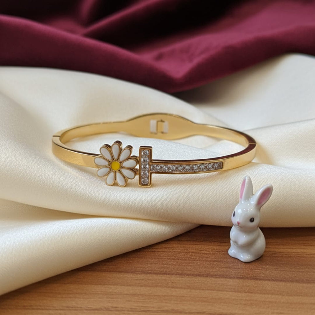 Gold Daisy Enamel CZ Bar Bangle