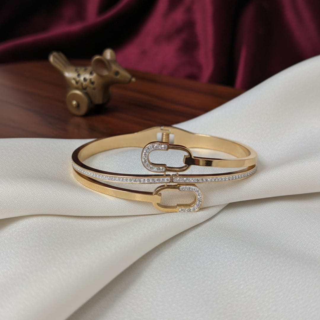 Gold Double Band Interlocking CZ Link Bangle