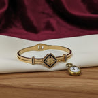 Gold Floral Diamond Motif Black CZ Bangle