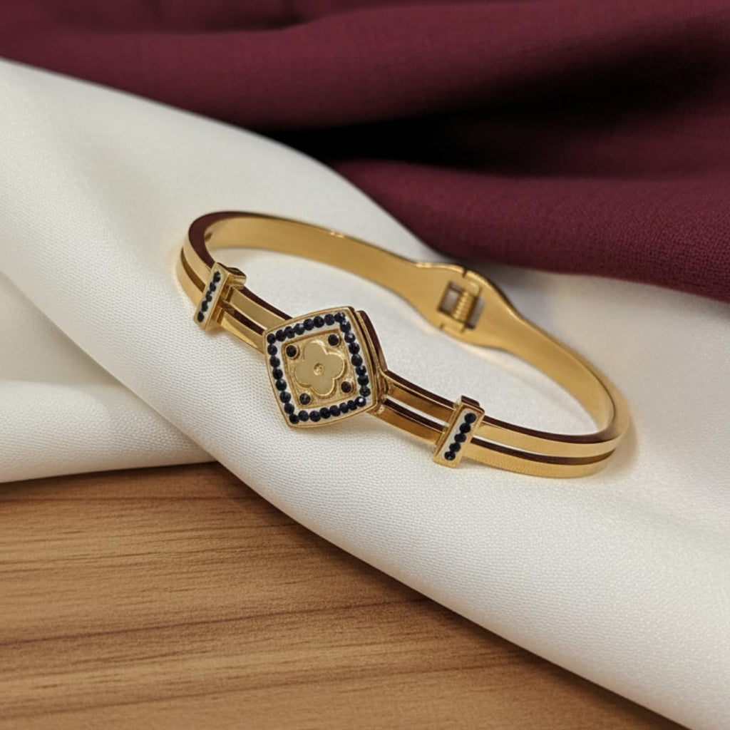 Gold Floral Diamond Motif Black CZ Bangle
