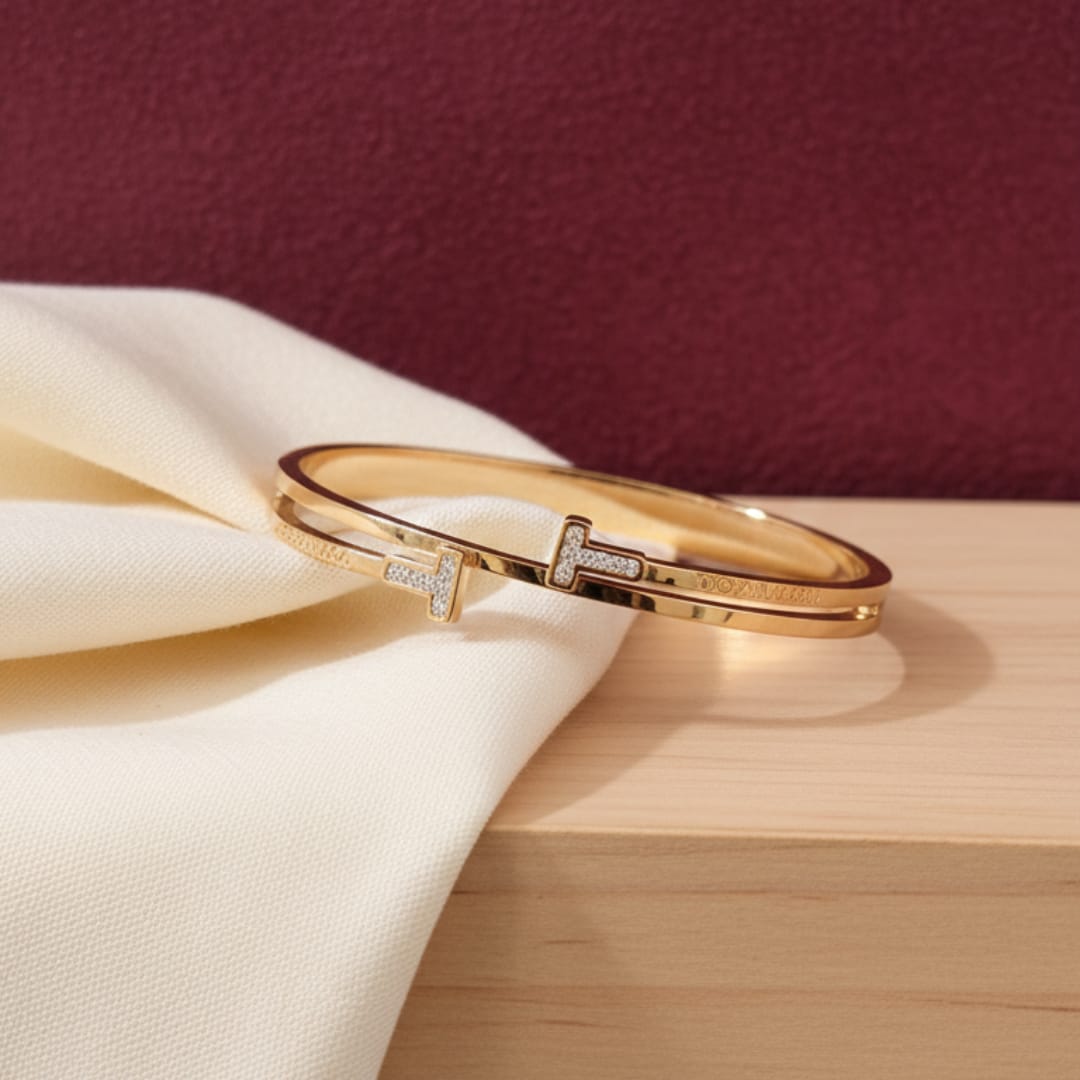 Gold Double T-Bar Diamond Bangle
