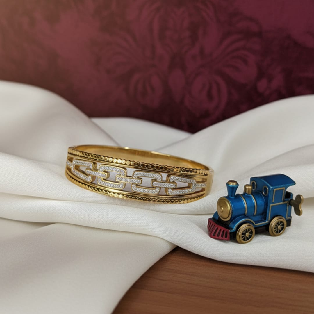 Gold Wide Cuff CZ Chain Link Milgrain Bangle