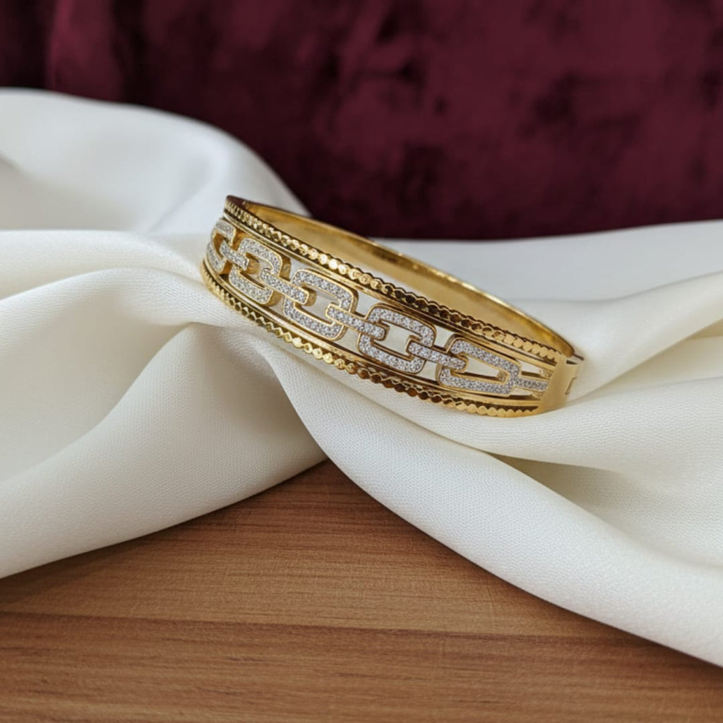 Gold Wide Cuff CZ Chain Link Milgrain Bangle