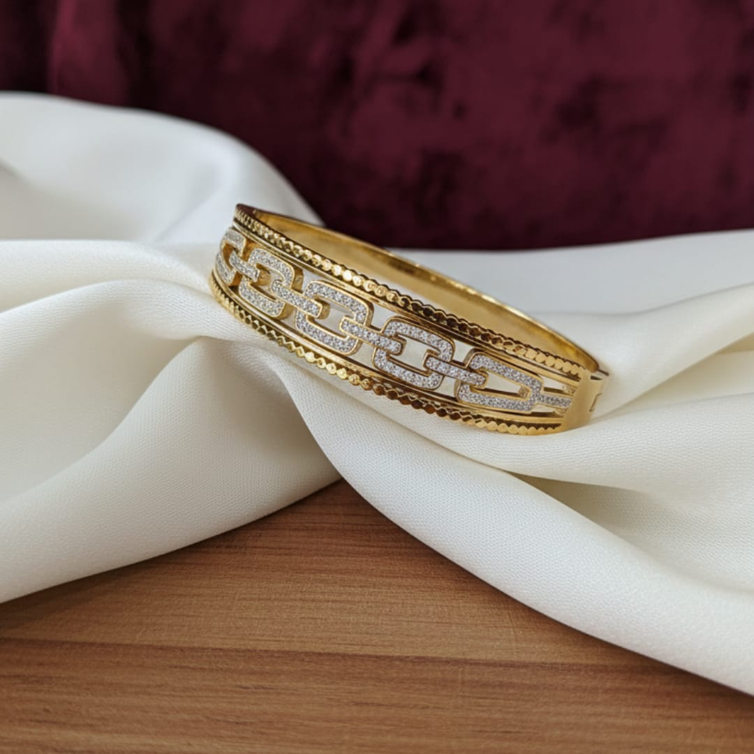 Gold Wide Cuff CZ Chain Link Milgrain Bangle