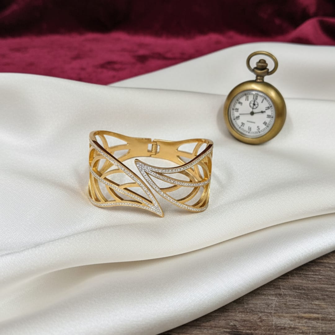 Gold-Tone CZ Cuff Bangle | Openwork Lattice Design
