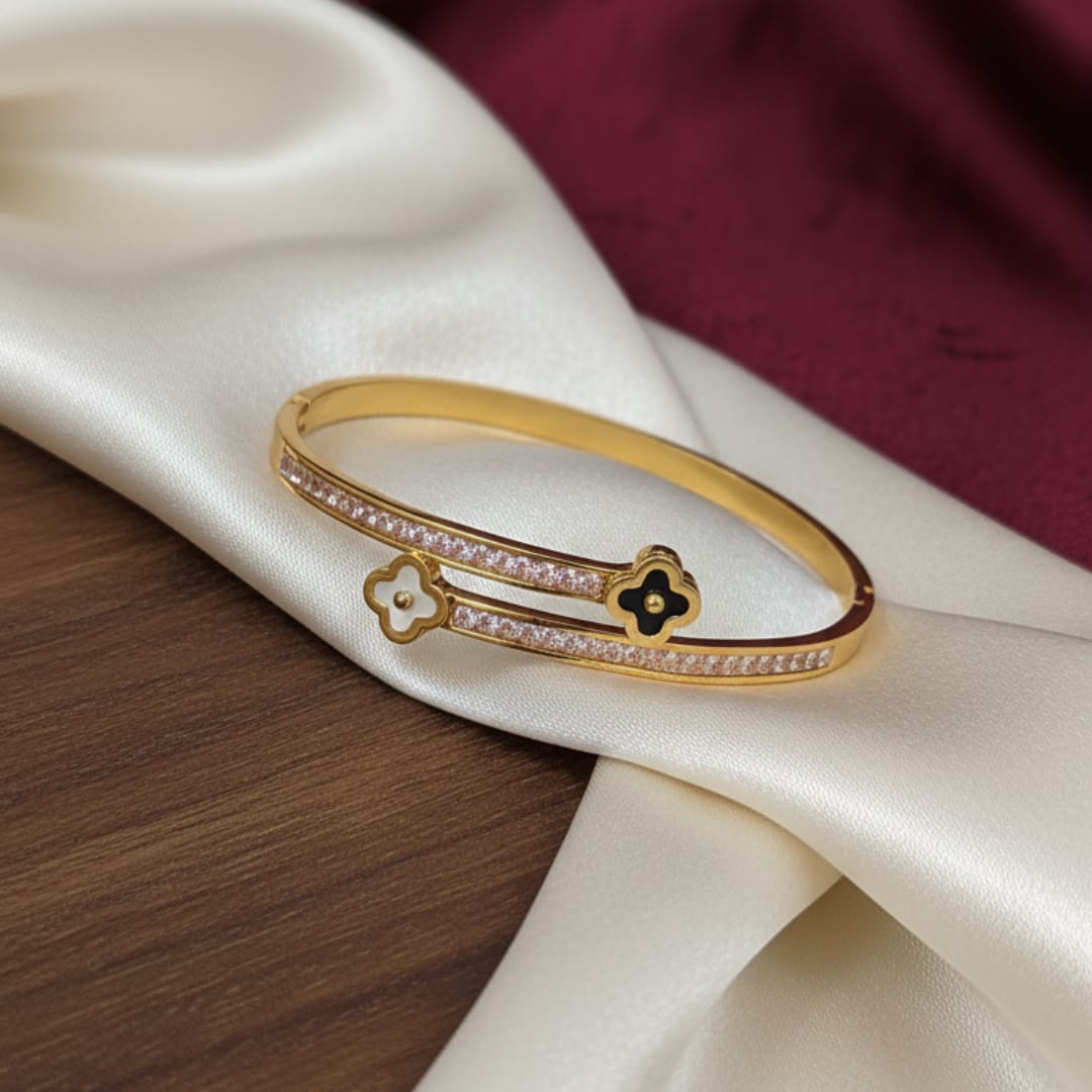 Dual Clover Charm Crystal Track Gold-Tone Bangle