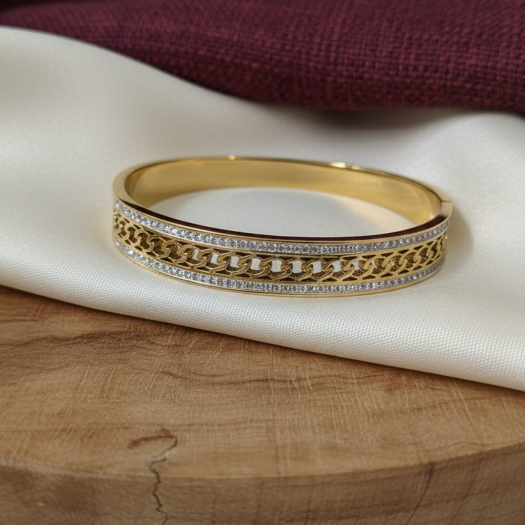 Cuban Link Crystal Border Gold-Tone Bangle