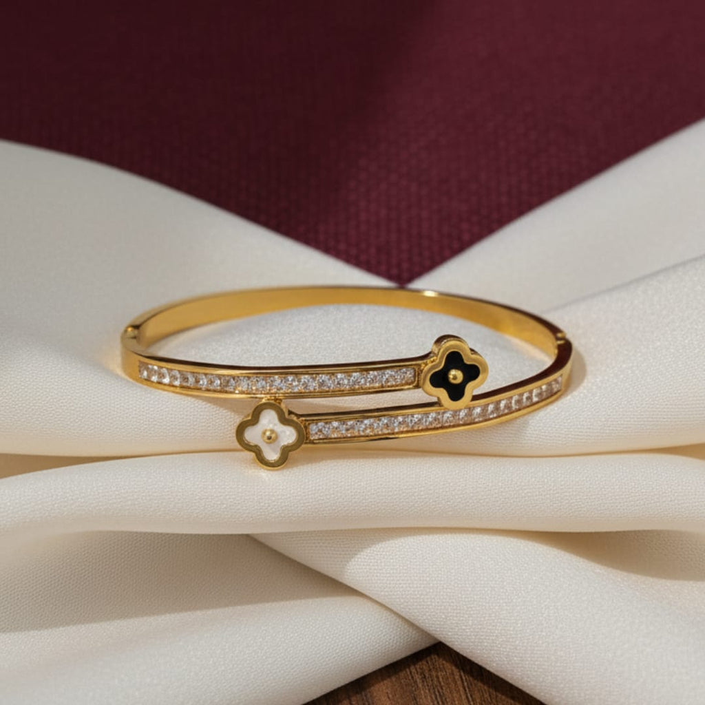 Dual Clover Charm Crystal Track Gold-Tone Bangle
