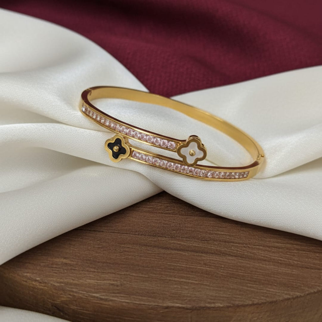 Dual Clover Charm Crystal Track Gold-Tone Bangle