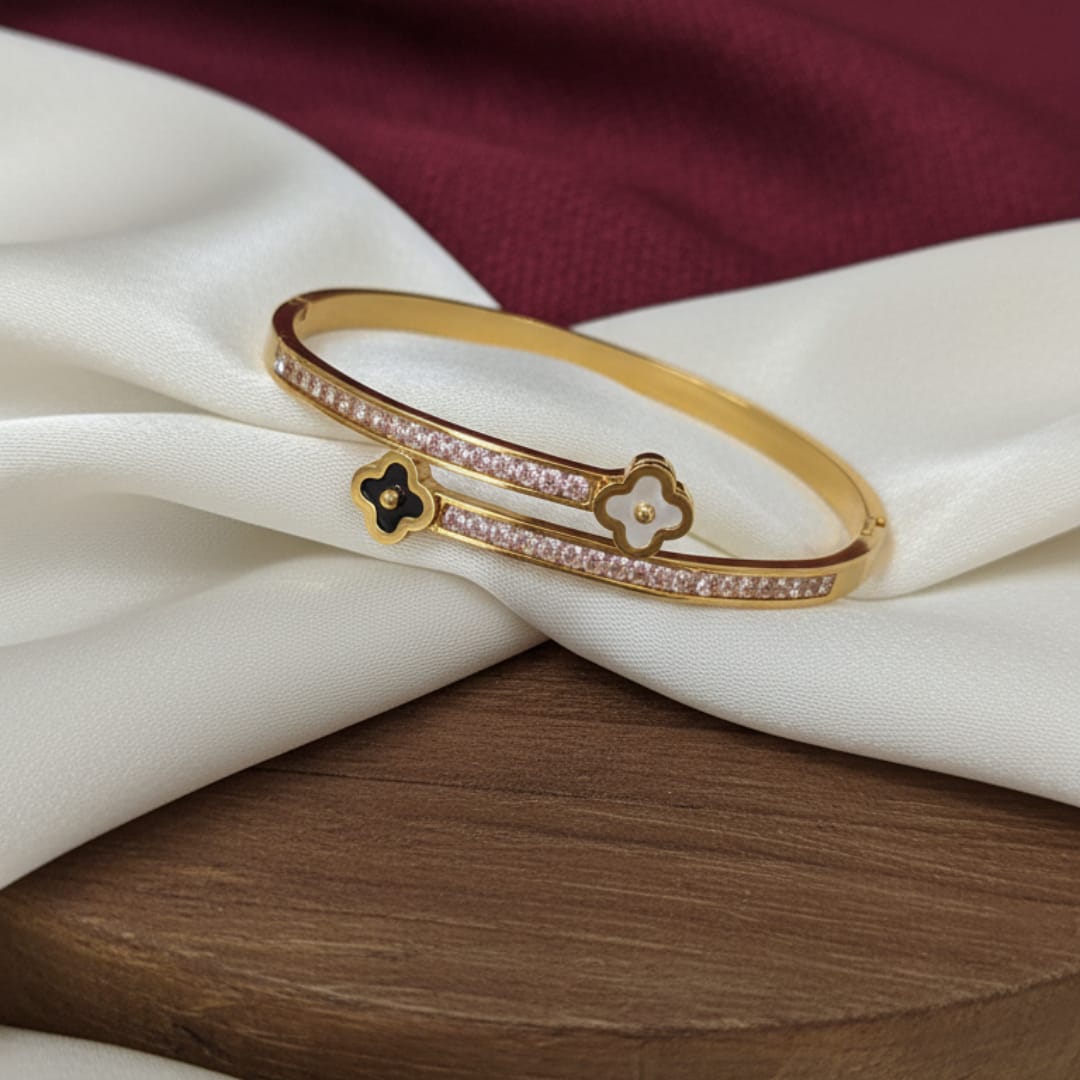 Dual Clover Charm Crystal Track Gold-Tone Bangle