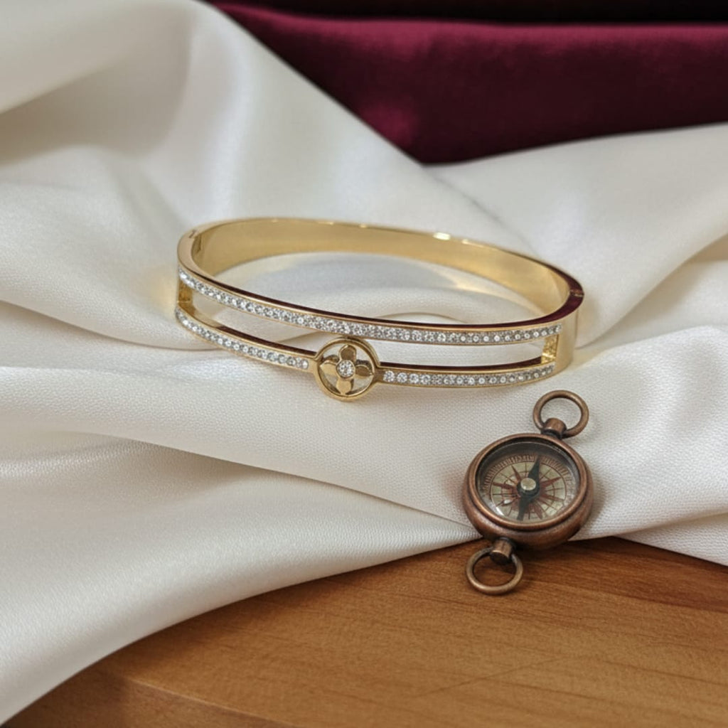 Floral Charm Dual-Row Crystal Gold-Tone Bangle