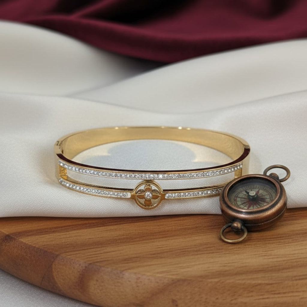 Floral Charm Dual-Row Crystal Gold-Tone Bangle
