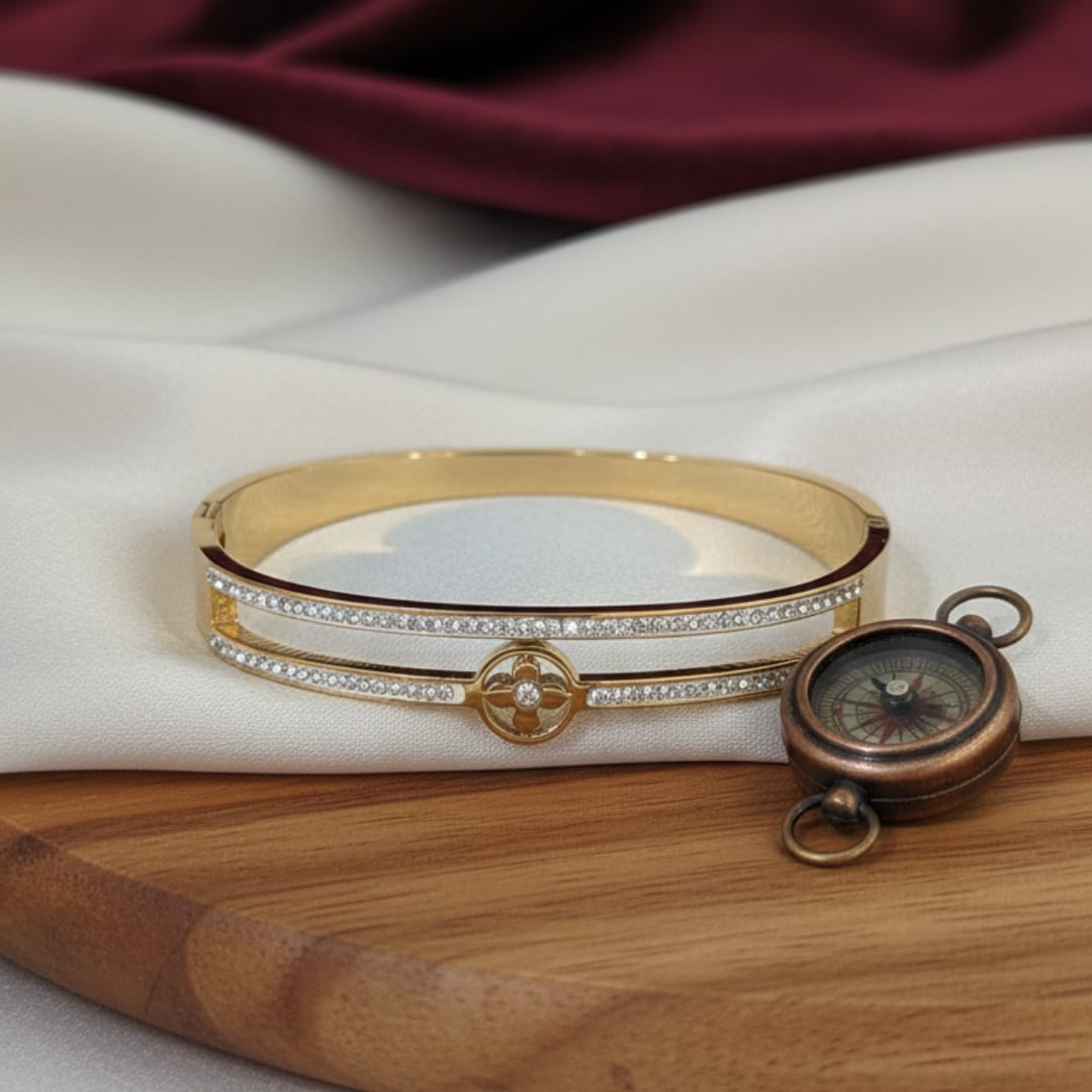 Floral Charm Dual-Row Crystal Gold-Tone Bangle