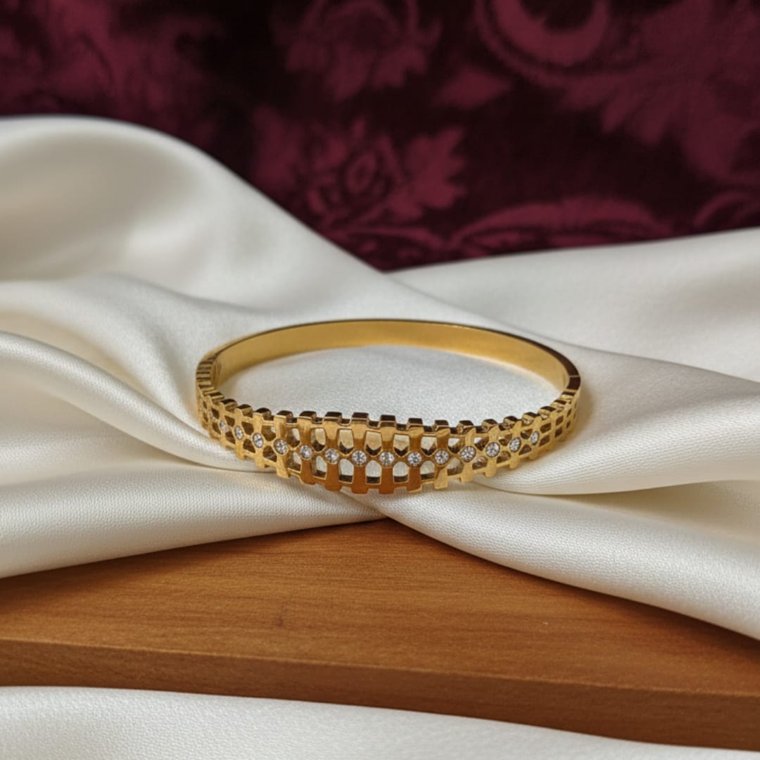 Lattice Grid Crystal Gold-Tone Bangle