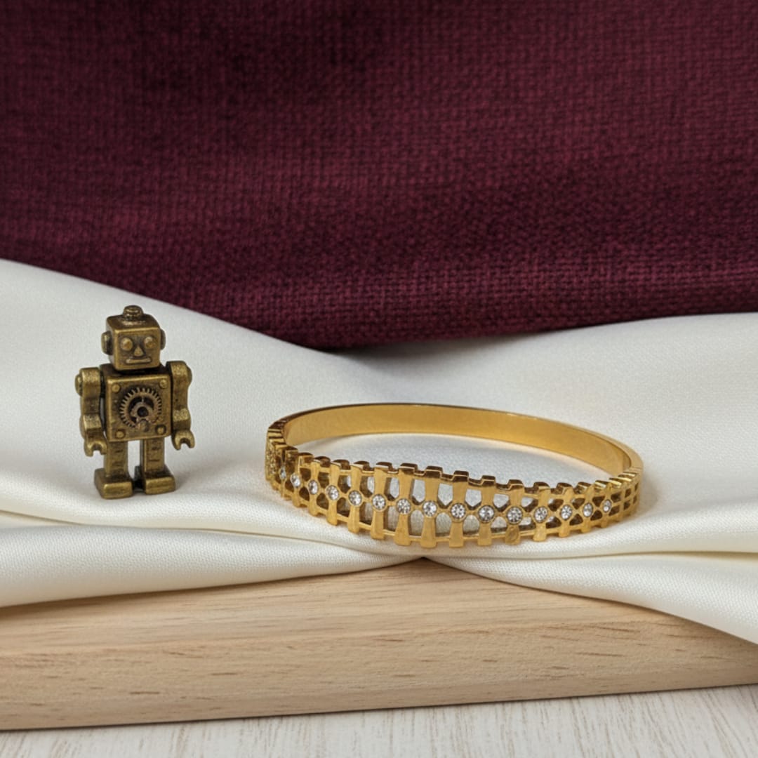 Lattice Grid Crystal Gold-Tone Bangle