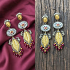 Dual Tone Elephant Leaf Drop Earrings with Ruby Beads