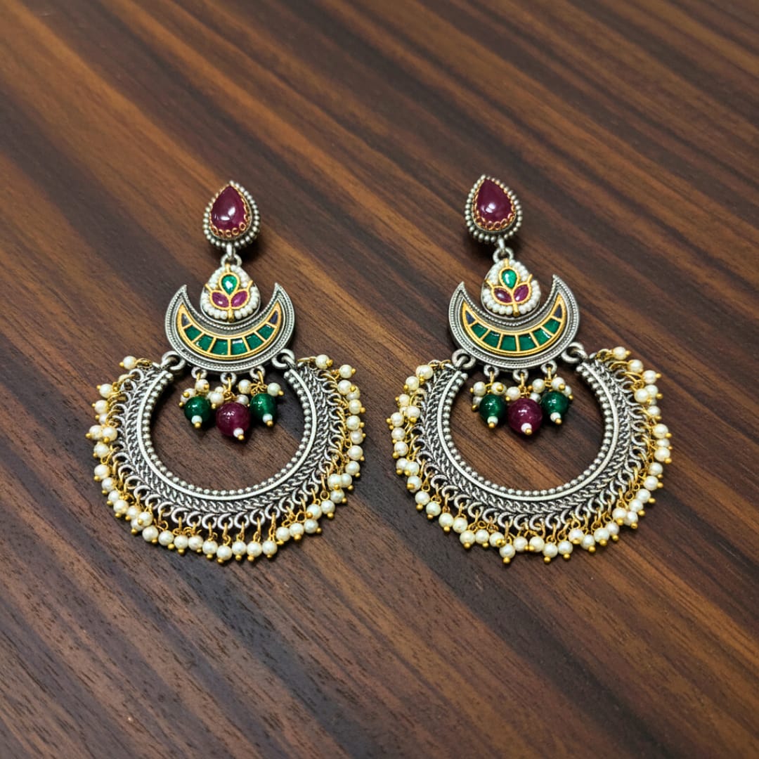 Meenakari Chandbali Earrings with Pearl Tassels