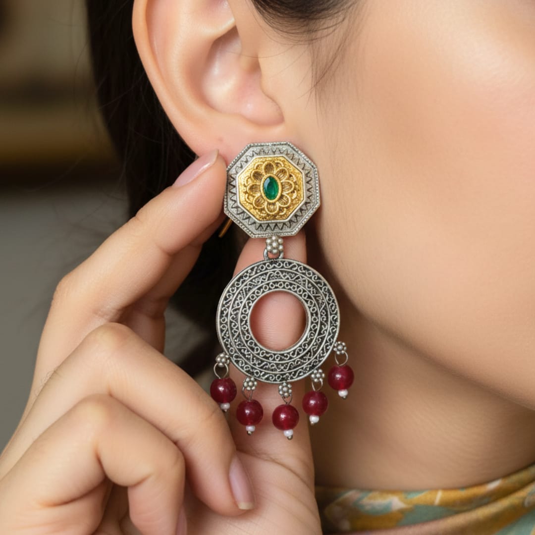 Dual Tone Octagon Chandbali Earrings
