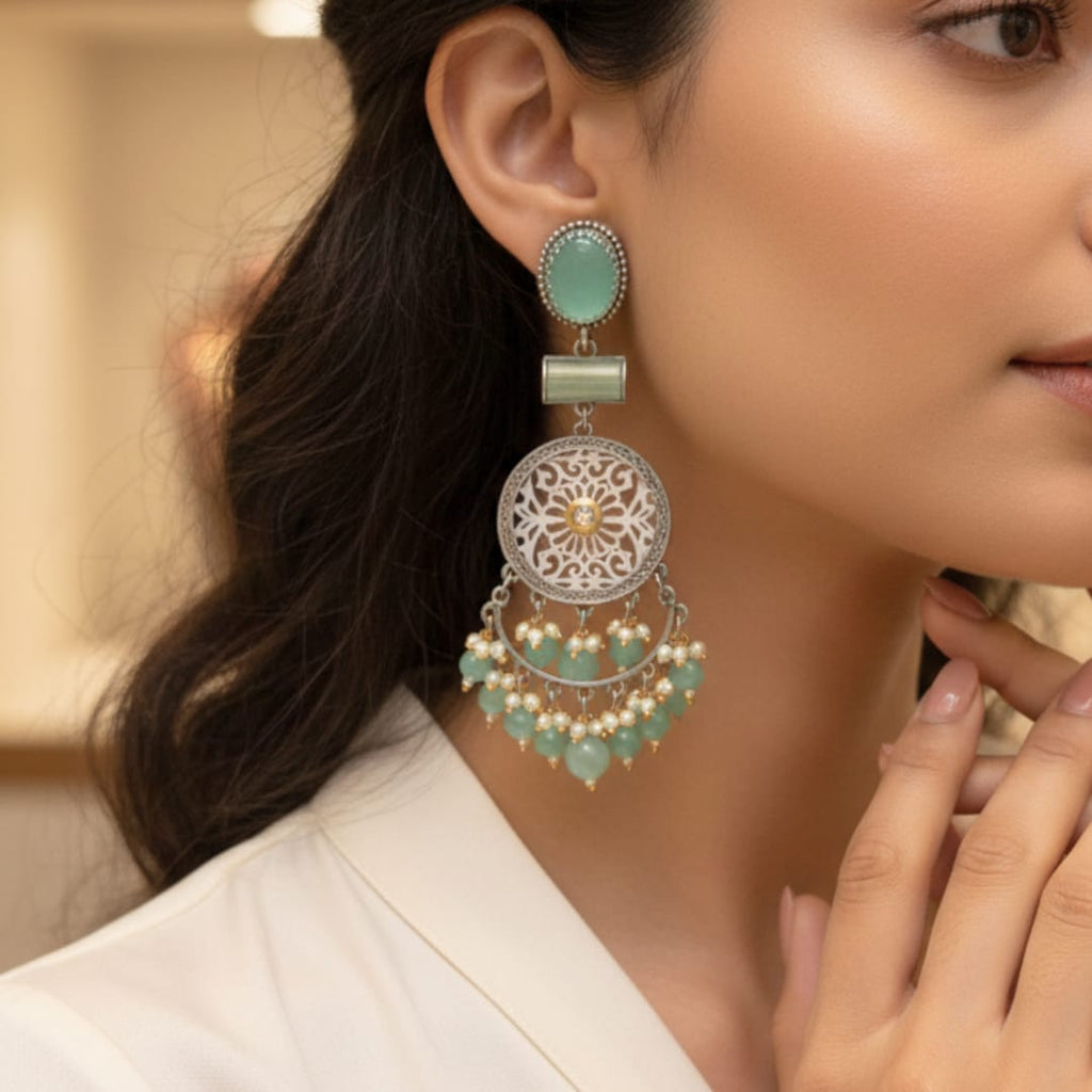 Oxidised Silver Filigree Chandbali Earrings with Green Onyx