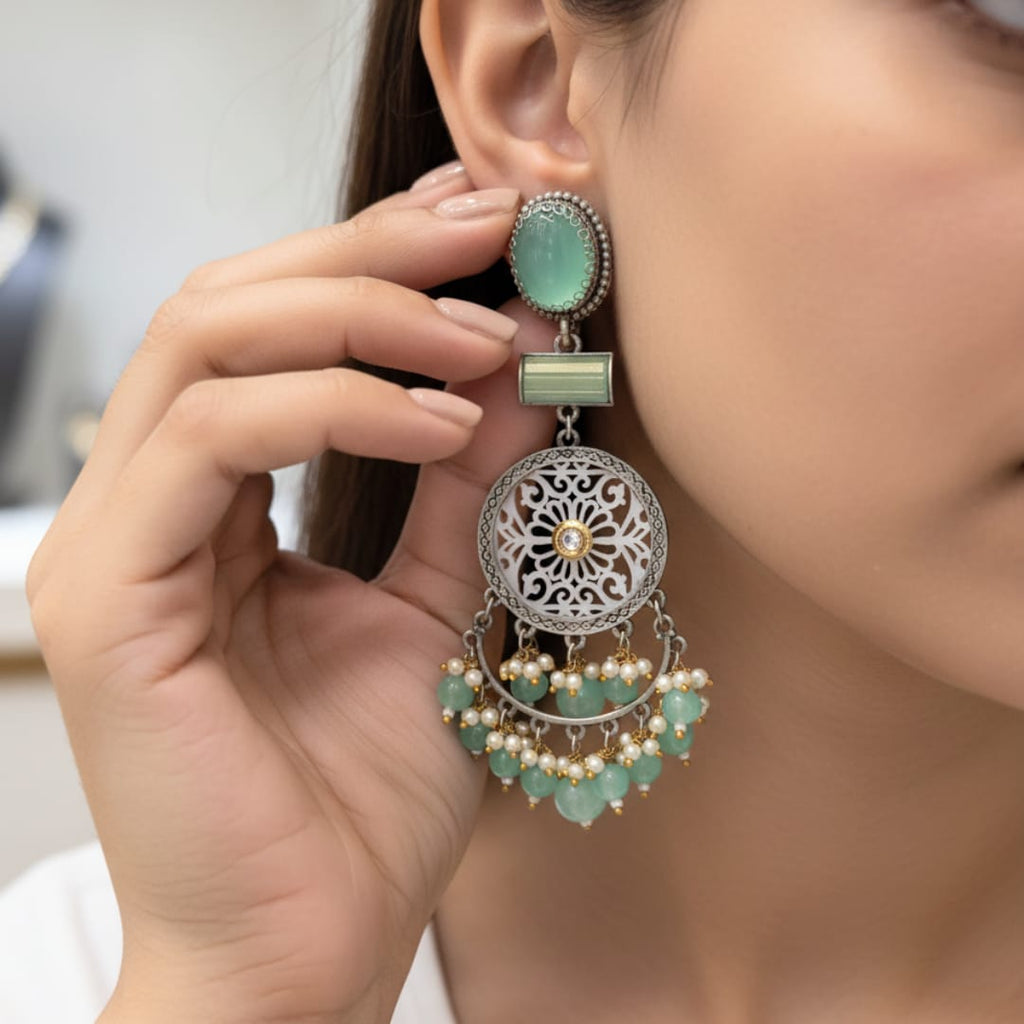 Oxidised Silver Filigree Chandbali Earrings with Green Onyx