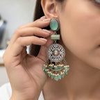 Oxidised Silver Filigree Chandbali Earrings with Green Onyx